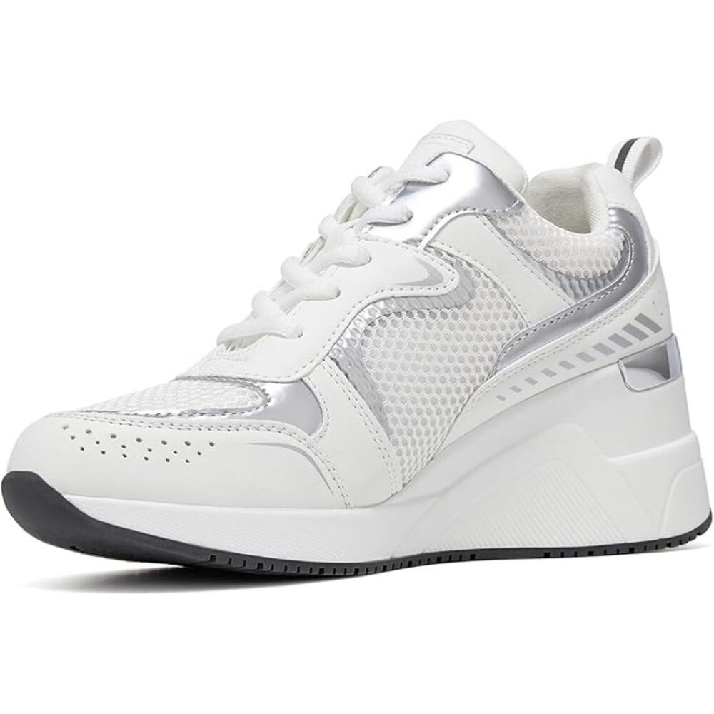 Cestfini Womens Size 9 White Lace Up Silver Accent Wedge Heel Sneaker Shoes